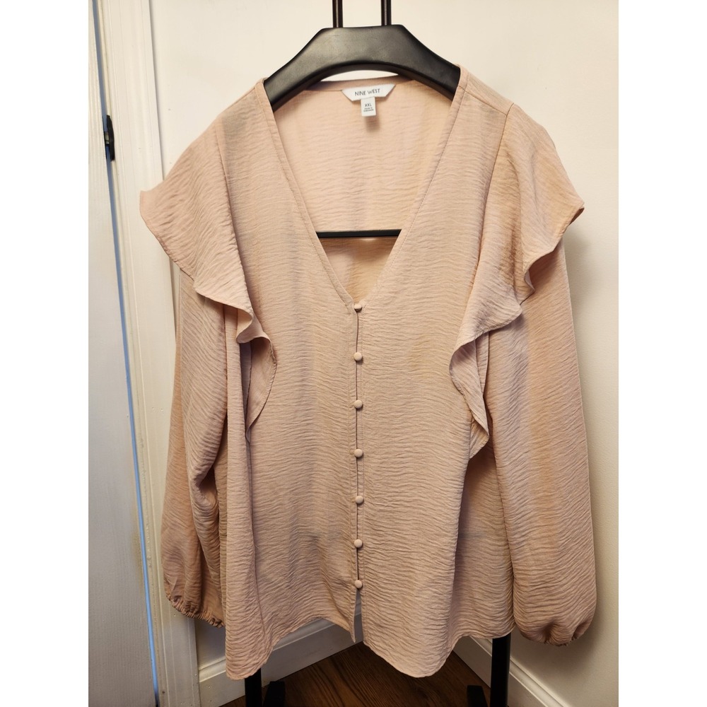 Nine West Womens XXL Blush Pink Ruffle Button Down V-Neck Long Sleeve Blouse
